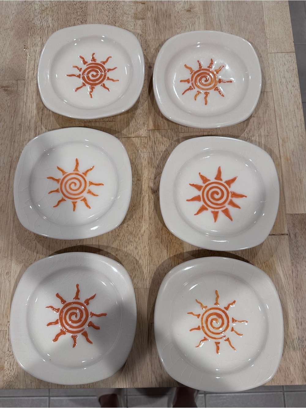 White Ceramic Dessert Plates with Orange Sun Design - Set of 6